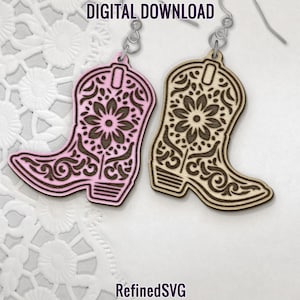 Flower Cowboy Boots Earring SVG, Western Earring Laser Cut File, Floral Western Earring Design, Wild West Earrings SVG , Laser Cutting