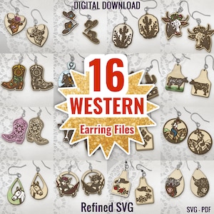 Bundle SVG de boucle d'oreille Western, 16 fichiers de boucle d'oreille Western, ensemble de boucles d'oreilles SVG, fichier de boucle d'oreille de bottes de cowboy, équitation, chapeau, cactus du Texas, vache, veau