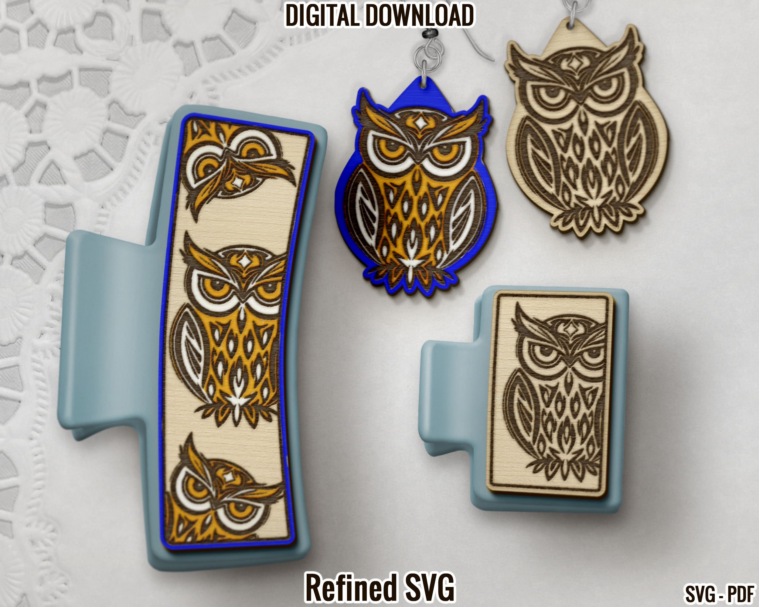 Owl Hair Clip & Earring Laser Cut File Set (SVG, PDF)