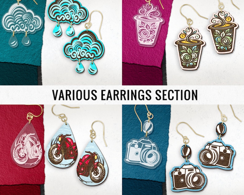 May include: Assortment of various earrings featuring different designs.  The earrings include a cloud design with raindrops, a coffee cup design, a motorcycle design, and a camera design.  The earrings are made of wood and acrylic.