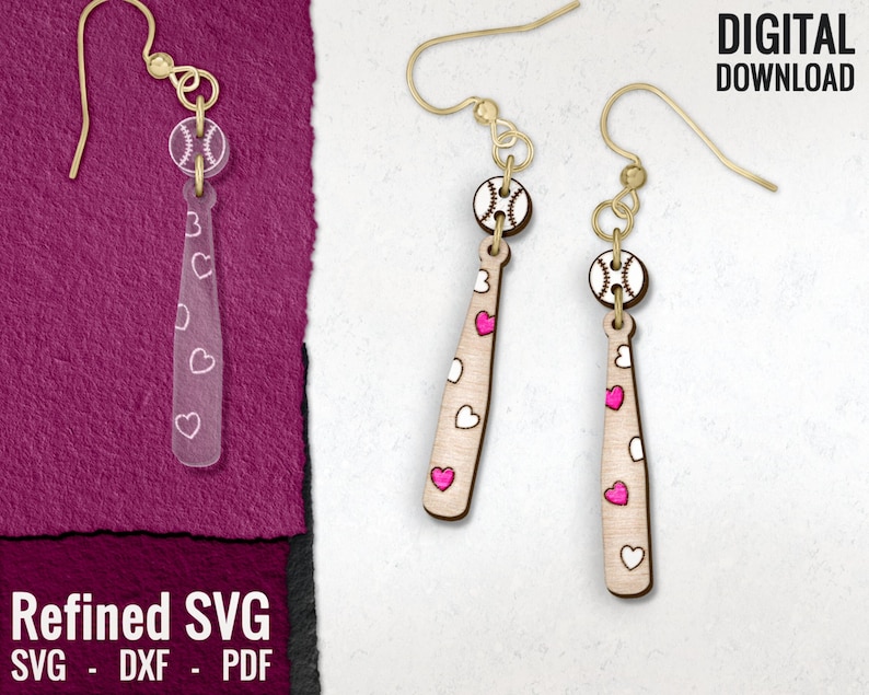 May include: Baseball-themed earrings with gold-colored hooks. Each earring features a small baseball and a wooden baseball bat decorated with pink and white hearts. The image also includes the text "DIGITAL DOWNLOAD".
