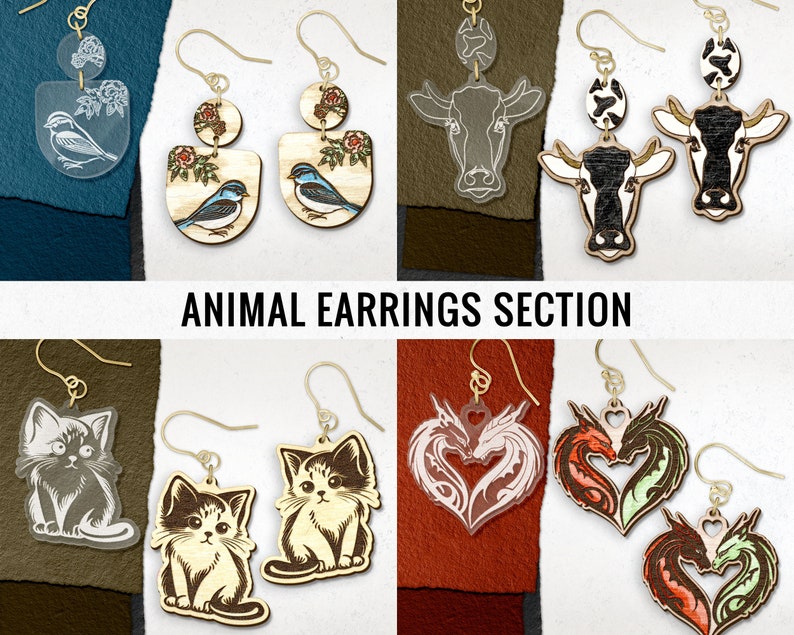 May include: Assortment of animal-themed earrings, including a pair of bluebird earrings, a pair of cow earrings, a pair of cat earrings, and a pair of dragon earrings.  The earrings are made of wood and have a variety of colors and designs.