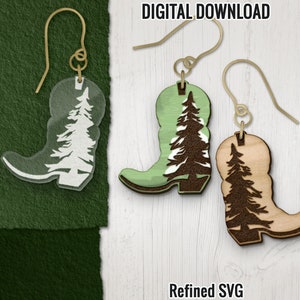 Forest Boot Earring SVG, Winter Boot Earring Laser Cut File, Tree Earring Digital Download, Tree Acrylic Earring SVG, Tree Wood Laser Cut