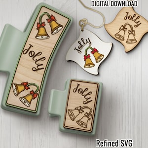 Jolly Hair Clips SVG + Matching Earring File Set, Christmas Laser Hair Claw, Glowforge Hair Clip, Bell Claw Clip Laser File, Hair Clip SVG