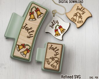 Jolly Hair Clips SVG + Matching Earring File Set, Christmas Laser Hair Claw, Glowforge Hair Clip, Bell Claw Clip Laser File, Hair Clip SVG