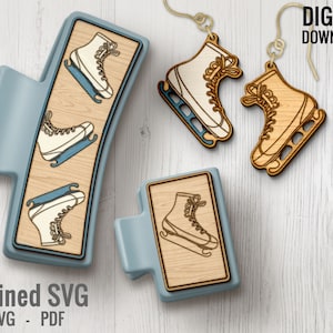Ice Skates Hair Clips SVG + Matching Earring File Set, Skates Hair Clip Laser File, Winter Hair Claw Template, Earring SVG, Claw Clip SVG
