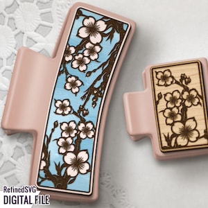 Archivo SVG de corte láser con pinza para el cabello con flor de cerezo: plantilla de accesorio para el cabello con flor de cerezo, pinza con forma de garra floral, descarga digital para máquina de corte láser