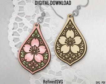 Cherry Blossom Teardrop Earring SVG File: Flower Earrings, Reversed Bloom
