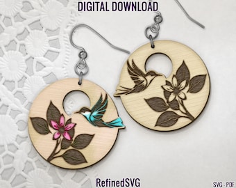Hummingbird Flower Earring SVG: Laser Cut File (Commercial Use)