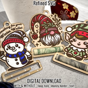 Porta soldi natalizi in formato SVG, 3 fermasoldi natalizi in formato SVG, Babbo Natale, gnomo natalizio con pupazzo di neve porta soldi in formato SVG, ornamento porta soldi natalizio