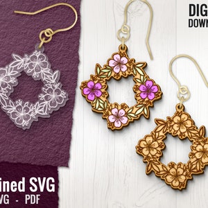 Flower Rectangle Earring SVG, Flower Laser Engraved Earring File, Flower Acrylic Earring SVG, Flower Wood Earring SVG, Commercial Use
