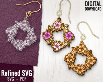 Blommigt rektangulärt örhänge SVG, blomma lasergraverad örhängesfil, blomma akryl örhänge SVG, blomma trä örhänge SVG, kommersiellt bruk