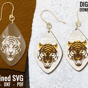 Tiger Earring SVG, Jewelry File, Wood Earring SVG, Glowforge File, Laser Engraved SVG, Glowforge Earring, Hand-Drawn, Commercial Use