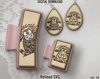 Sheep Hair Clip Laser Cutting File SVG, Earrings and Claw Hair Clip Vector Template