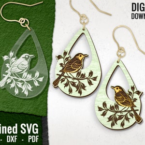 Vogel und Blätter Ohrring SVG: Laser Cut Datei (Digitaler Download)