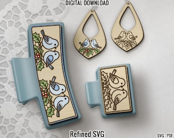 Bird Hair Clip & Earring SVG, Winter Laser File Set (Digital Download)