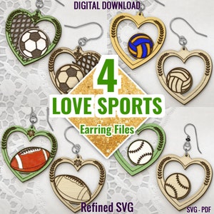 Paquete SVG de pendiente deportivo de amor, pendiente de béisbol SVG, archivo de pendiente de fútbol, archivo de pendiente de fútbol, archivo de pendiente de voleibol, pendientes deportivos