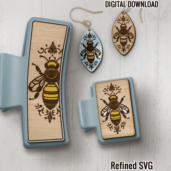 Honeybee Hair Clips SVG, Matching Earring File Set, Bee Laser Hair Claw SVG, Bee Hair Clip SVG , Bee Claw Clip Laser File, Honeybee Clip