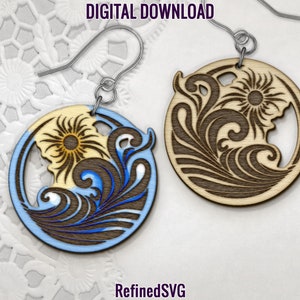 Ocean and Sun Laser Earring SVG File, Seaside Wood Earring SVG, Beach Earring Cut Files, Ocean Acrylic Earring SVG, Glowforge File