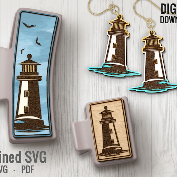 Lighthouse Hair Clips SVG + Matching Earring File Set, Lighthouse Hair Clip Laser File, Hair Claw Template, Earring SVG, Claw Clip SVG File