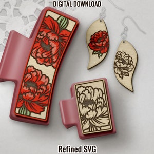 Peonies Hair Clip and Earring SVG Laser Cut File Set (Digital Download)