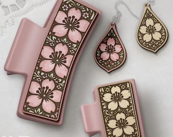 Cherry Blossom Hair Clip & Bloom Earring SVG Laser File Set, Floral Claw Clip