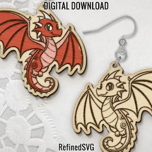 May include: A digital download of two SVG files for laser cutting earrings. The earrings feature a red and white dragon design. The text "DIGITAL DOWNLOAD" and "RefinedSVG" are visible in the image.