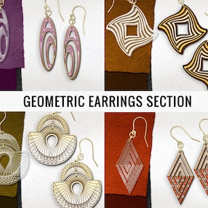 May include: A collection of geometric earrings in various styles and colors. The earrings are made of wood and feature intricate designs. The earrings are displayed on a variety of colored backgrounds.