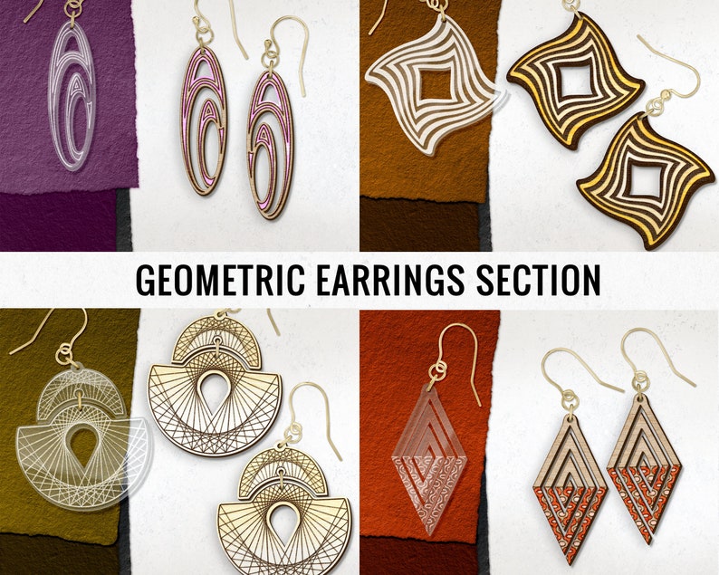 May include: A collection of geometric earrings in various styles and colors. The earrings are made of wood and feature intricate designs. The earrings are displayed on a variety of colored backgrounds.