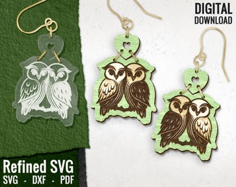 Loving Owl Earring SVG, Owls Laser Cut Files, Owl Wood Earring SVG, Animal Acrylic Earring SVG, Laser Cut Design Digital, Commercial Use