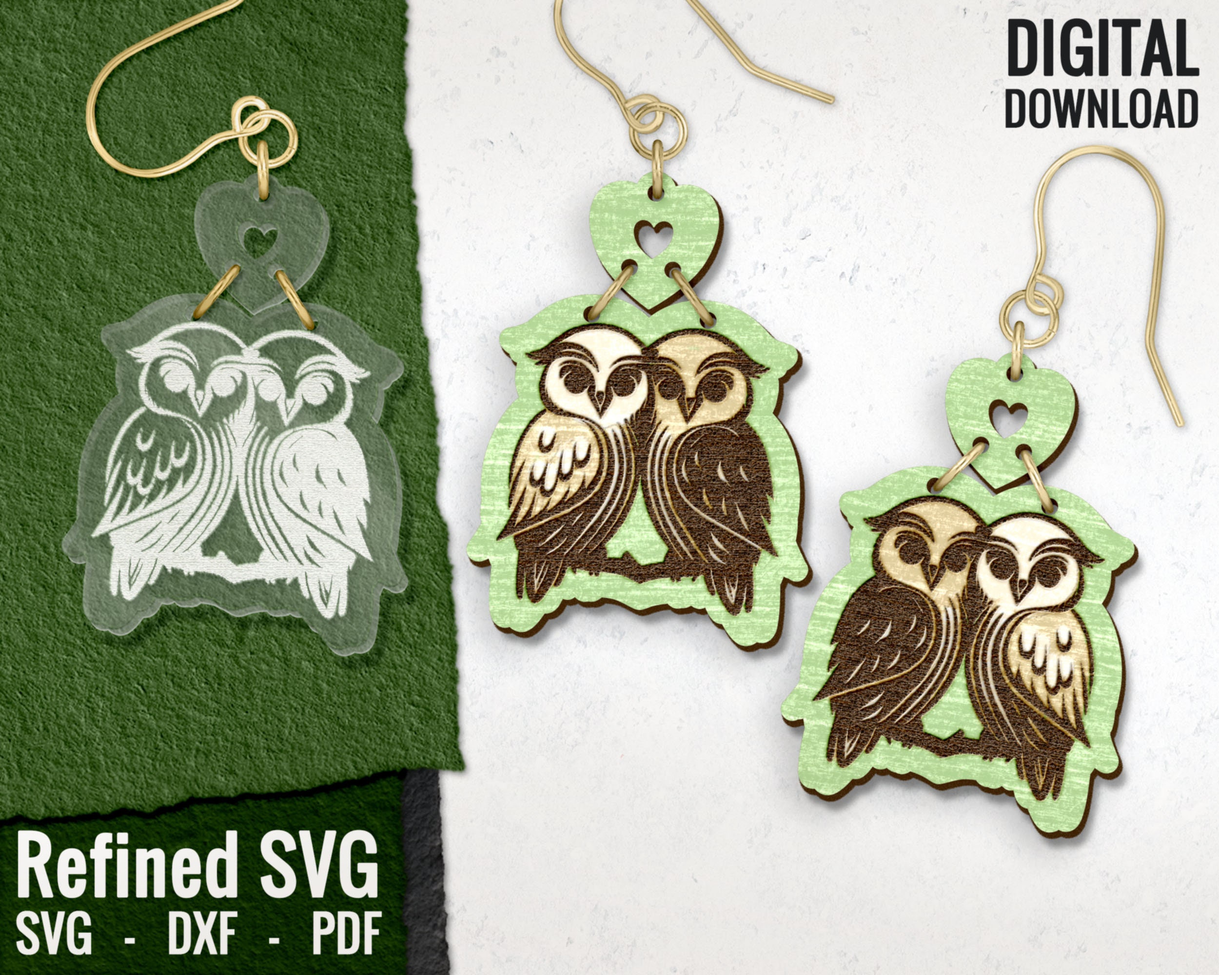 Loving Owl Earring SVG, Owls Laser Cut Files, Owl Wood Earring SVG, Animal Acrylic Earring SVG, Lase