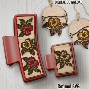 Flower Hair Clips SVG File, Matching Hibiscus Earring SVG File Set, Flower Laser Hair Claw Clip, Large and Small Claw Hair Clip Design
