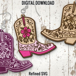 Orecchini con stivali da cowboy floreali in formato SVG, orecchini western con taglio laser, design di orecchini western, orecchini del selvaggio West in formato SVG, taglio laser