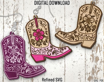 Floral Cowboy Boots Earring SVG, Western Earring Laser Cut File, Western Earring Design, Wild West Earrings SVG , Laser Cutting