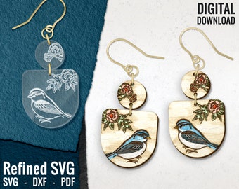 Bird Earring SVG, Bird and Flowers Laser Engraved Earring File, Animal Cutting Machine Files, Glowforge, Commercial Use