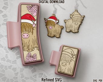 Highland Cow Santa Hat Hair Clip & Earring SVG Set (Digital Download)