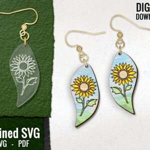 Pendiente de girasol grabado a láser SVG, archivo de pendiente de girasol grabado a láser, pendiente de acrílico SVG, pendiente de girasol de madera SVG, uso comercial
