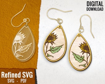 Sonnenblume Teardrop Ohrring SVG, Laser Cut Datei (Digitaler Download)