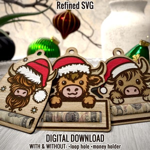 Porta soldi di Babbo Natale Highland Cow SVG, 3 fermasoldi di Natale SVG, porta soldi SVG, file di ornamenti per porta soldi, file di ornamenti per soldi