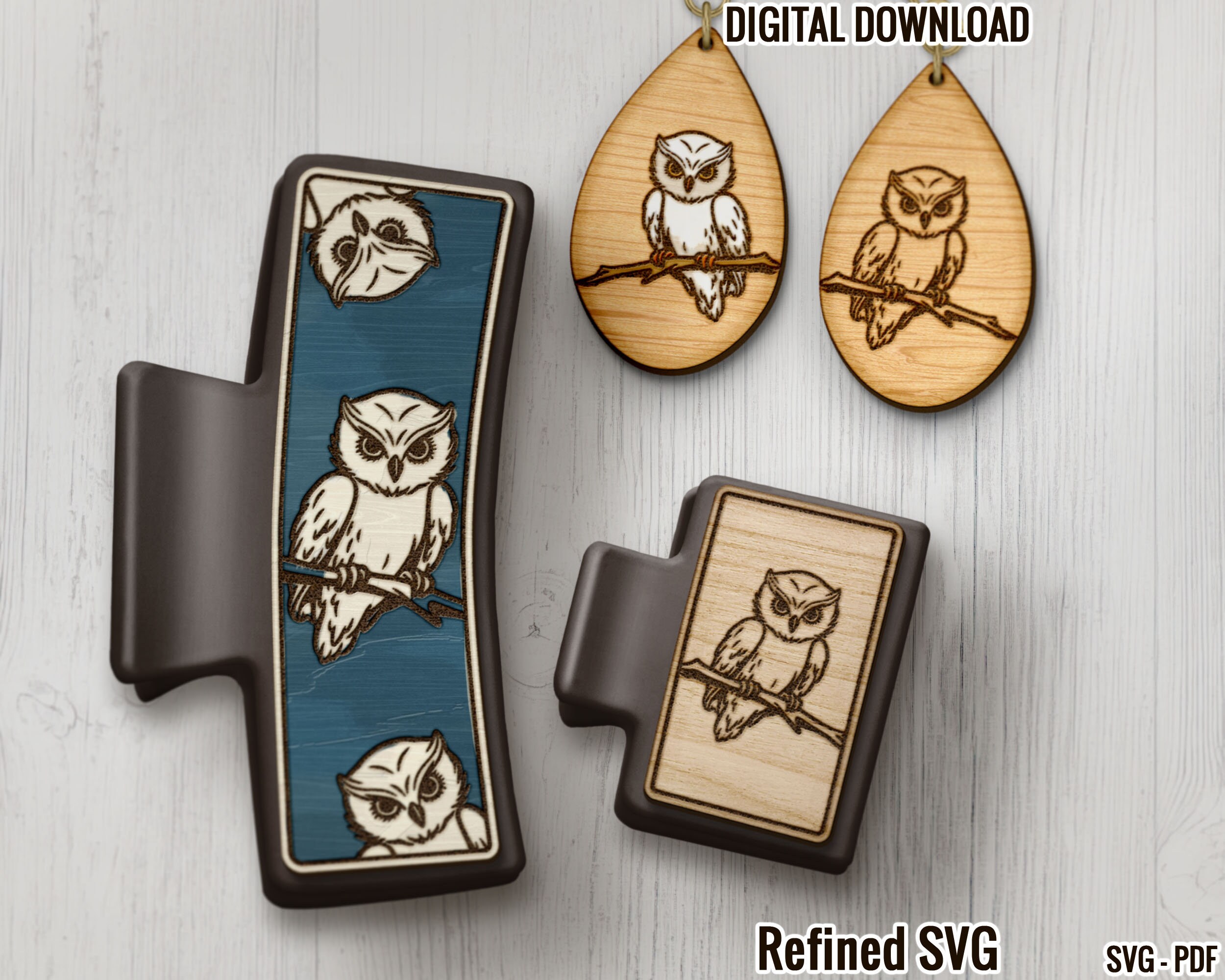 Owl Hair Clip & Earring Laser Cut File Set (SVG, PDF)