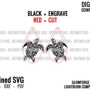 May include: A digital download of a pair of earrings featuring a detailed black and white turtle design. The earrings are outlined in red, indicating the cut lines for a laser cutter. The text "BLACK = ENGRAVE, RED = CUT" is displayed above the earrings. The text "Refined SVG" is displayed below the earrings, along with the text "SVG - DXF - PDF". The text "GLOWFORGE READY, LIGHTBURN COMPATIBLE" is displayed below the earrings.