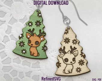 Archivo SVG de aretes de árbol de Navidad, archivo cortado por láser de aretes de reno, archivo de aretes navideños, aretes acrílicos de reno navideños SVG
