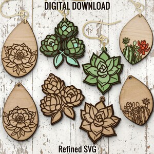 Succulent Earrings SVG Bundle, 4 Pairs of Succulent Earring Files, Cactus Laser Earring Set, Succulent Earring SVG Bundle, Earring Cut Files