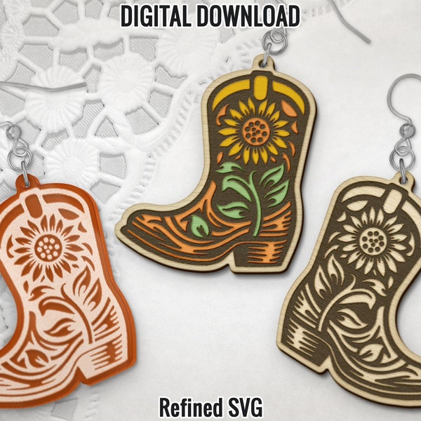 Cowboy Boots Sunflower Earring SVG, Line Dance Earring Laser Cut File, Western Earring Design, Wild West Earrings SVG , Line Dance SVG