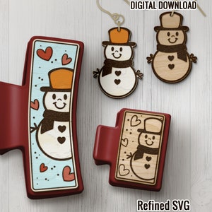 Snowman Hair Clips SVG + Matching Earring SVG File Set, Snowman 2 Hair Clip Files + Earring SVG Files, Winter Set Claw Hair Clip Laser File