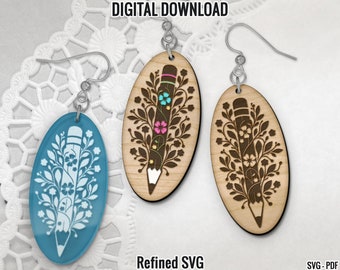 May include: Oval-shaped earrings with a pencil and floral design. One earring is light blue, the other two are wood-toned. The pencil design is etched into the wood and blue earring. The text "DIGITAL DOWNLOAD" and "Refined SVG" are visible.