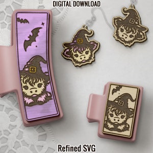 Highland Cow Halloween Hair Clips, Matching Earring SVG File Set, Halloween Hair Clip Files, Earring SVG Files, Halloween Claw Hair Clip Set
