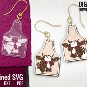 Cow with Sunglasses Earring SVG, Cow Tag Laser Earring SVG File, Wood Earrings, Cow Tag Earring Files, Acrylic Earring SVG, Commercial Use