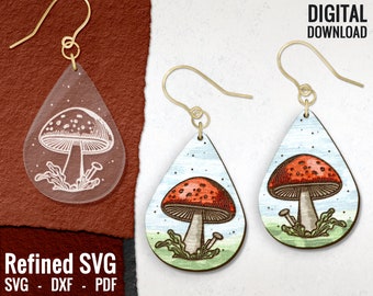 May include: A pair of teardrop-shaped earrings with a red and white mushroom design. The mushrooms have white stems and are surrounded by green leaves. The earrings are made of wood and have gold hooks.