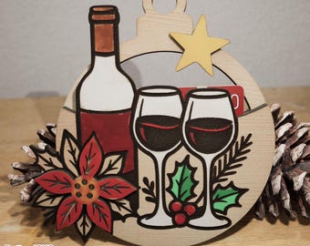 Wine Christmas Ornament Gift Card Holder Laser Cut SVG File, Festive Digital File